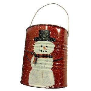 Handcrafted Snowman Tin Bucket Gift Canister Red White Distressed Pail